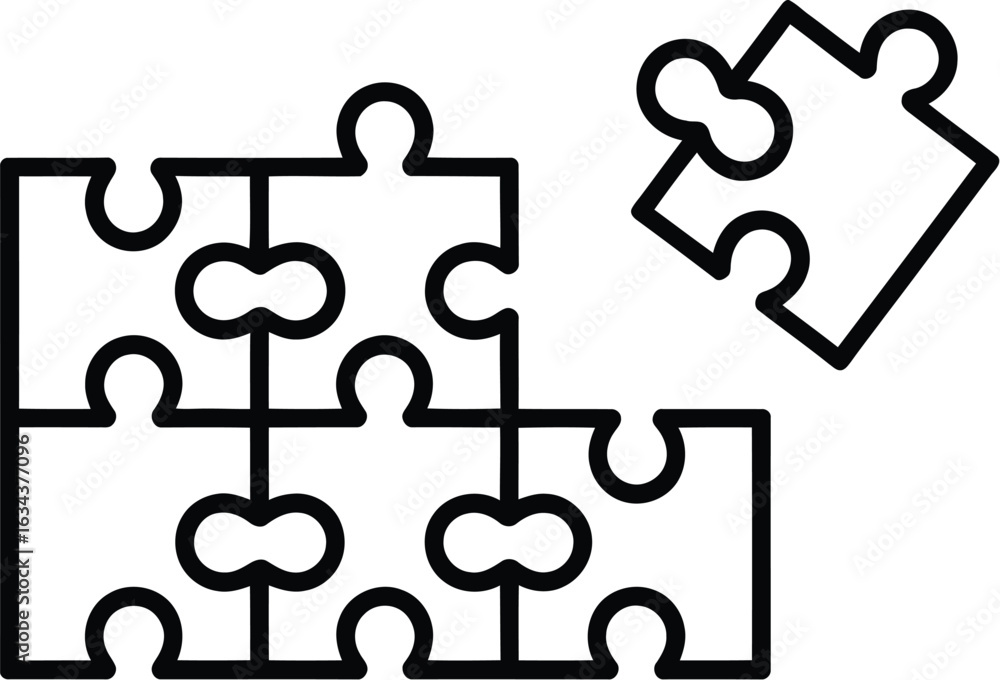 Poster simple outline icon of interlocking puzzle pieces forming a connected group with one piece separate