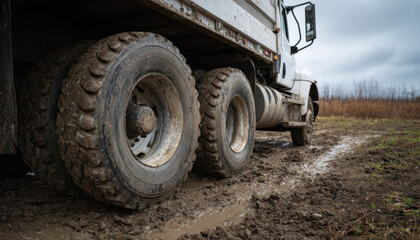 A heavy truck is wedged in deep mud, surrounded by brown grass and trees under cloudy skies, indicating challenging off-road conditions