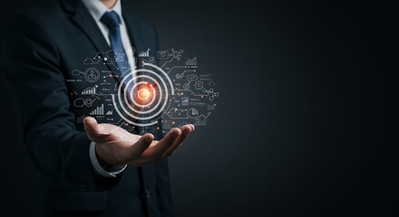 Businessman showing virtual target board on hand. Success concept, planning and setting goals...
