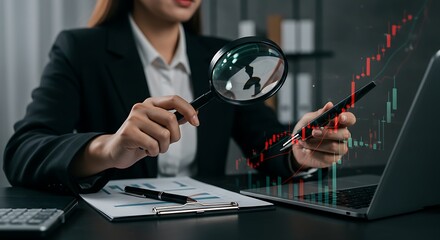 Businesswomen use magnifier glass find stock in stock markets, uptrends, growth economics, business strategy development, and opportunities for investment, take profit from funds, Financial Analyst.