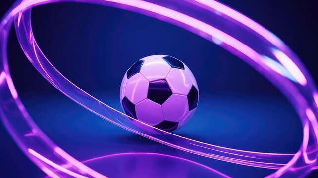 Glowing soccer ball with purple neon rings on a dark blue background 2025 2026 football world cup image poster banner label social media post