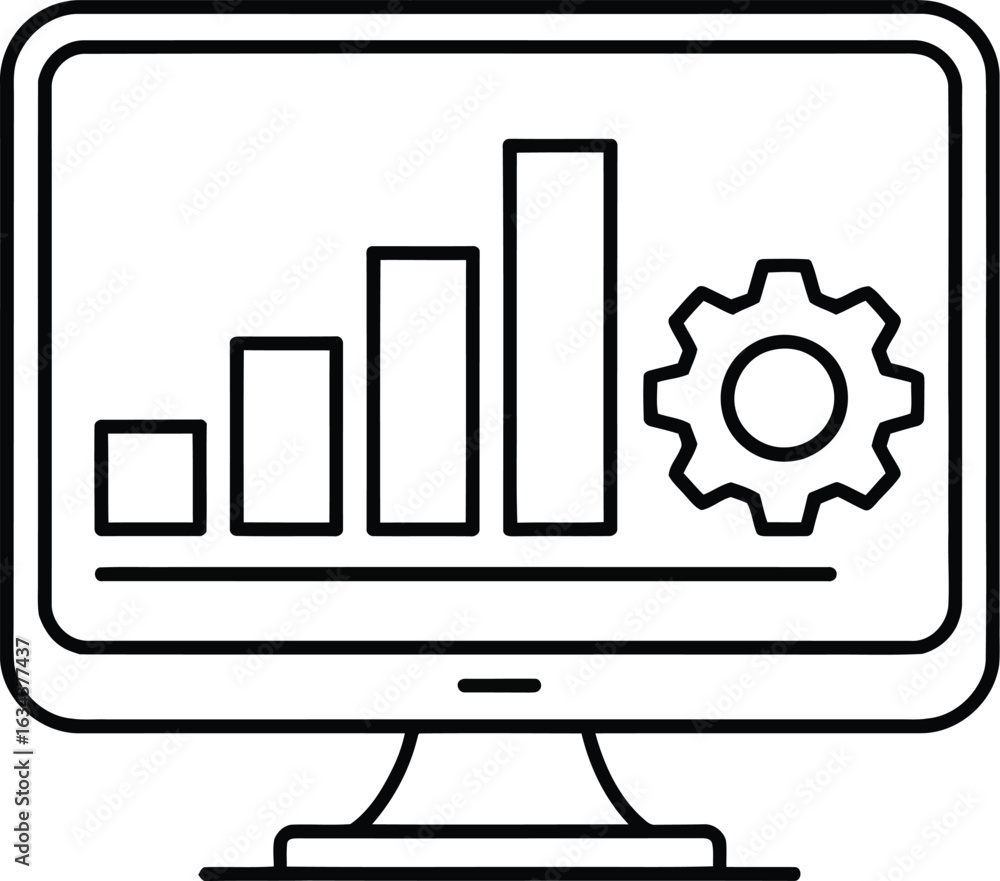 Poster computer monitor displaying a rising bar graph and a gear icon representing data analysis