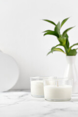 Two jars candles with coconut or soy wax on table with vase of green leaves. White interior...