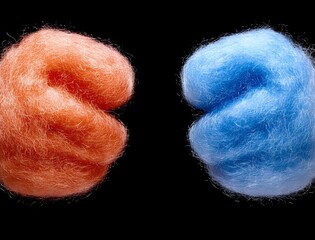 Red and blue cotton candy clouds against black background, abstract conceptual composition representing opposition and duality