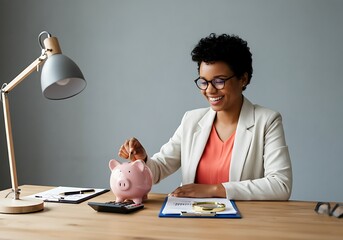 Smiling Woman Saving Money in Piggy Bank at Desk Financial Future Planning Investment Strategy Wealth Accumulation