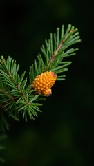 Fototapeta premium Close-up of pine branch with lush green needles and bright orange new growth against dark green blurred background, soft light, detailed and natural.