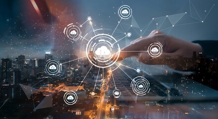 Cloud Computing Technology and Cityscape Digital Network Connectivity Conceptual Visualization with Hand Interacting with Futuristic Interface and Data Transmission System
