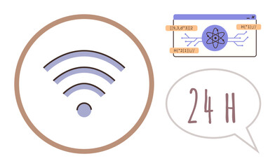 wireless signal, scientific experimentation interface, and 247 speech bubble conveying constant connectivity, data science, automation, research, tech services, productivity, simple flat metaphor