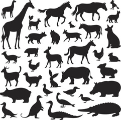 Collection of animal silhouettes vector, farm animals, wild creatures, black shapes, zoo wildlife, isolated animals icons, bird and mammal symbols, printable design