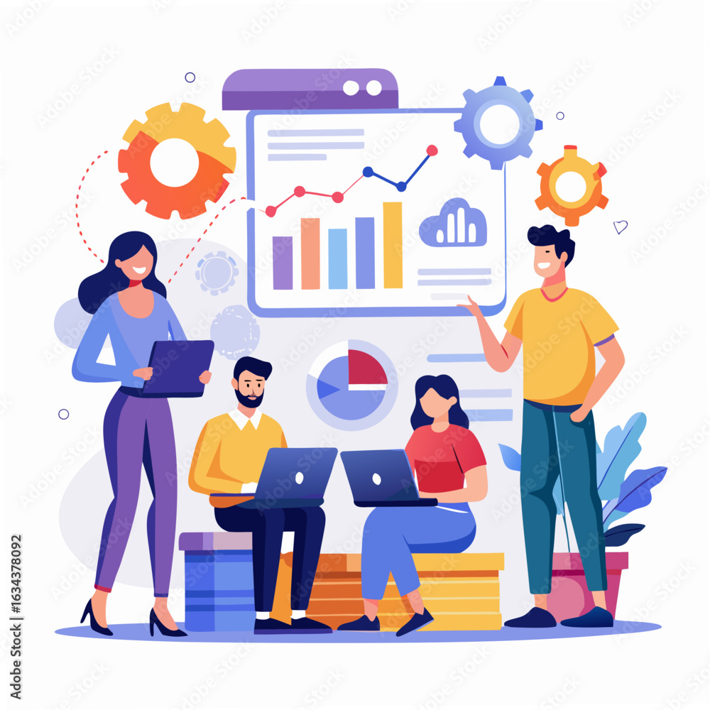 Poster team collaborating on data analysis and strategy isolated on white background