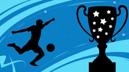 Silhouette soccer player kicking ball near trophy with stars on blue background 2025 2026 football world cup image poster banner label social media post