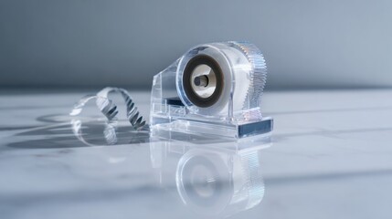 Minimalist composition of a transparent tape dispenser on marble surface for office and school use