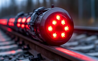 Close up of red LED light signal device with multiple diodes, industrial safety concept