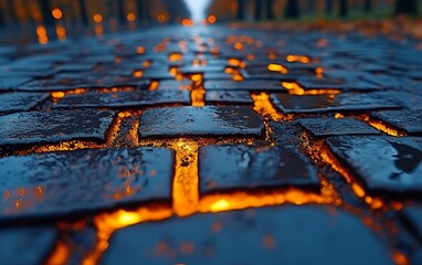 Abstract pattern of wet cobblestone street illuminated with orange light at night creating geometric shapes