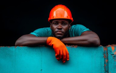 Industrial worker in protective gear leaning on turquoise wall, construction site portrait with copy space