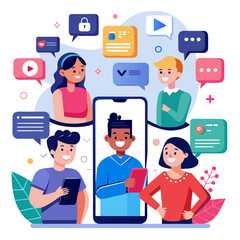 A group of people are communicating online isolated on white background