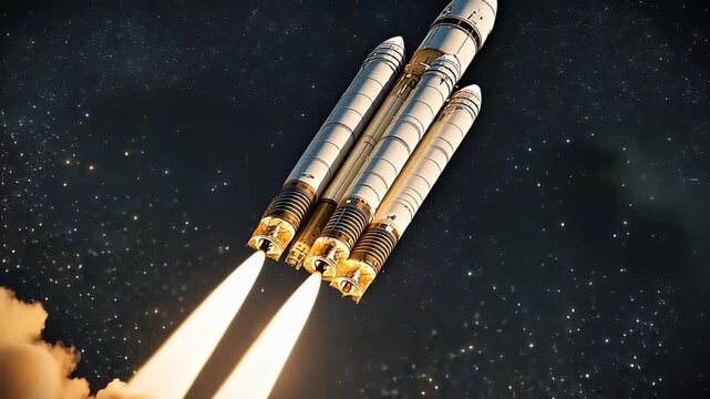 Pixelated Rocket Launching into Space against a Starry Black Background with Orange Flames