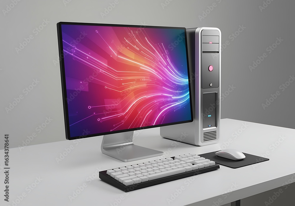 Aufkleber modern desktop computer setup with sleek design and vibrant screen display on a clean white desk for