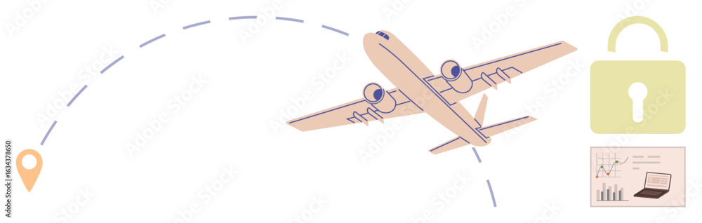 Poster airplane in flight over a waypoint with a dotted route, a padlock for cybersecurity, and a chart on 