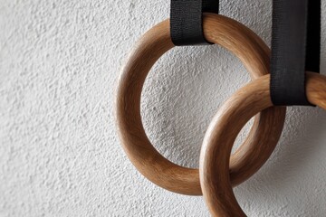 Close-up of wooden gymnastics rings with black suspension straps. Natural wood texture fitness equipment for crossfit and calisthenics.