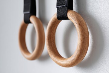 Close-up of wooden gymnastics rings with black suspension straps. Natural wood texture fitness equipment for crossfit and calisthenics.