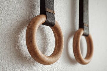 Close-up of wooden gymnastics rings with black suspension straps. Natural wood texture fitness equipment for crossfit and calisthenics.