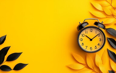 A yellow alarm clock surrounded by black and yellow leaves on a vibrant yellow background, symbolizing time and seasonal change