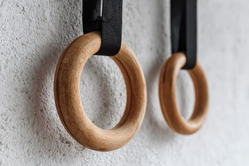 Close-up of wooden gymnastics rings with black suspension straps. Natural wood texture fitness equipment for crossfit and calisthenics.