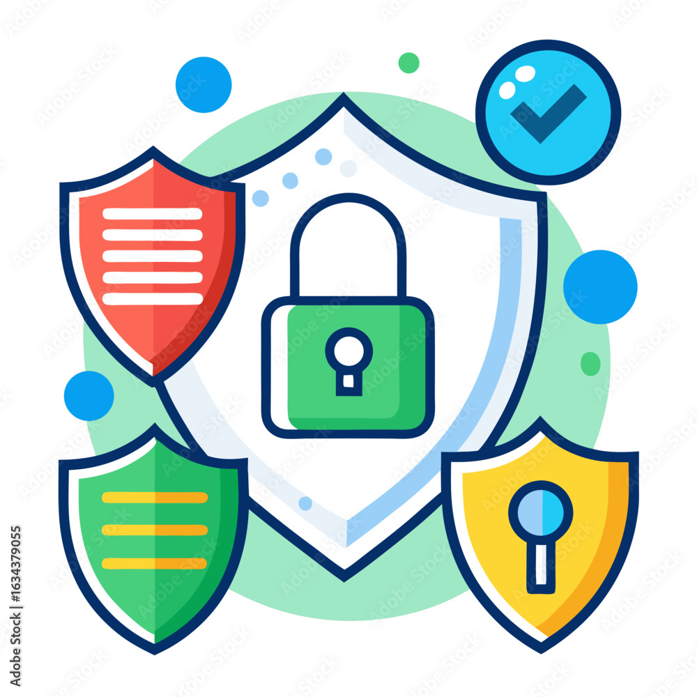 Poster shields and padlock representing cybersecurity isolated on white background
