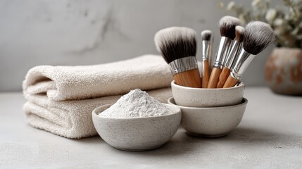 Elegant Arrangement of Makeup Brushes, Towels, and Cosmetic Powder in Soft Natural Light for Wellness and Beauty Concepts