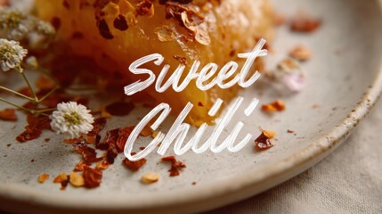Sweet chili gourmet dish with floral garnish on ceramic plate