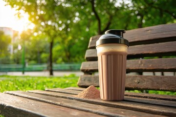 Fototapeta premium Refreshing Protein Shake on a Sunny Park Bench Surrounded by Nature