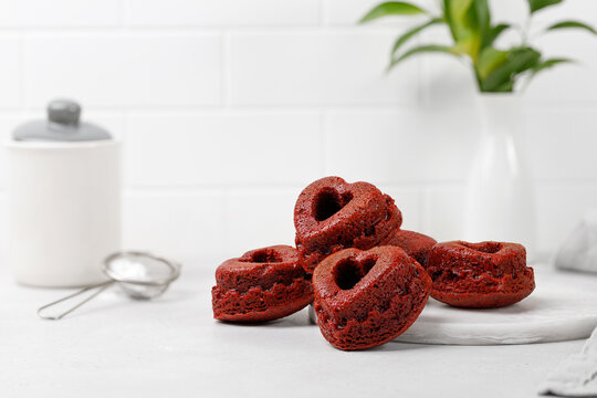 Red velvet Valentines day cupcake, muffins, bakery. Few Red heart cupcakes. Love symbol, Valentines present