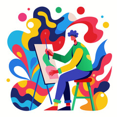 Artist painting on canvas with colorful abstract background isolated on white