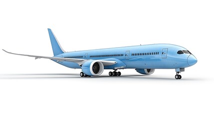 Obraz premium Light blue passenger jet on a plain white background.