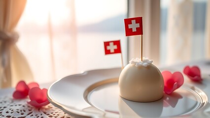 Glowing Swiss lantern with white cross motif, resting on rustic wood with alpine meadow in soft focus.