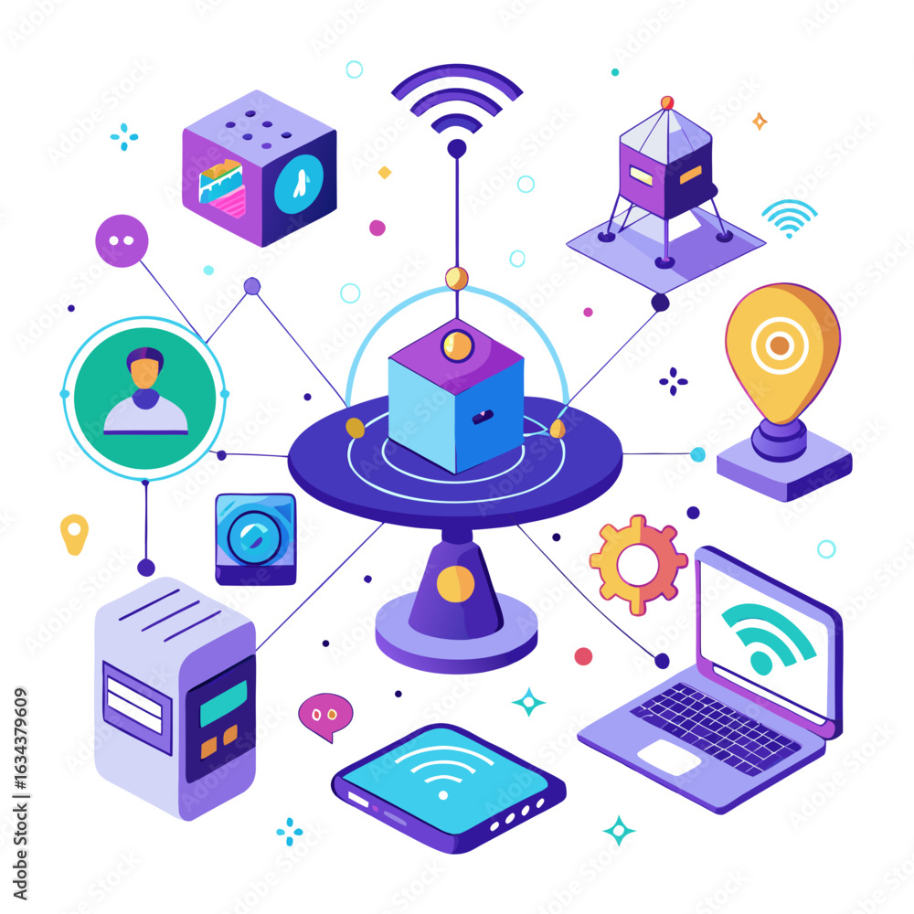 Poster isometric illustration of a network connecting various devices and technologies