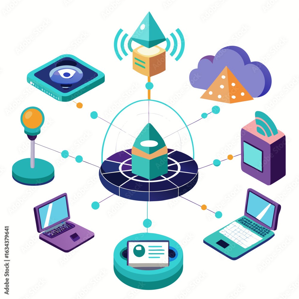 Poster isometric network connection with cloud computing isolated on white background, vector
