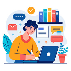 Man working on laptop at desk with books isolated on white background, vector