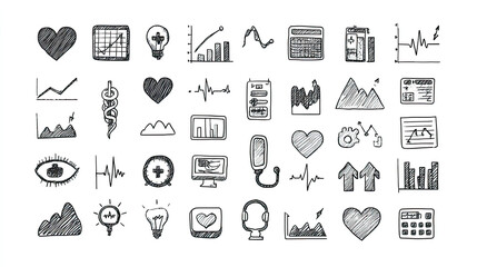 Fototapeta premium Hand drawn medical and health icons with charts and heart symbols