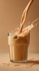 Glass of foamy Teh Tarik mid-pour on a beige background, dish from Malaysia, minimalist food photo, template for social media, digital ads, web banners, mobile wallpapers, greetings card