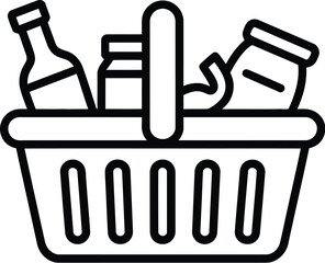 Simple outline icon of a shopping basket filled with groceries and drinks