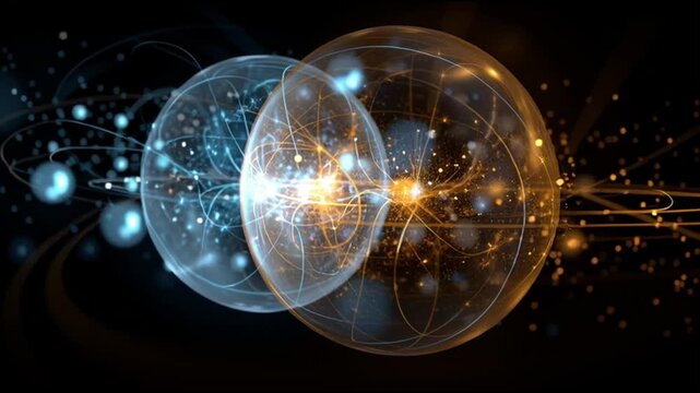 Quantum entanglement particles physics. Superposition research. Measurement science. Visualization of two interconnected quantum particles.