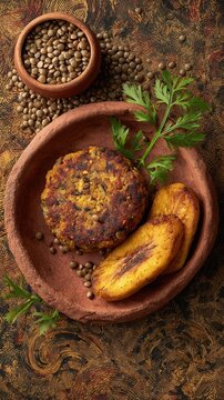 Golden bean-and-rice Tacu Tacu patty with fried plantain beside it, dish from Peru on brown backdrop, food photo, template for social media, digital ads, web banners, mobile wallpaper, greetings card