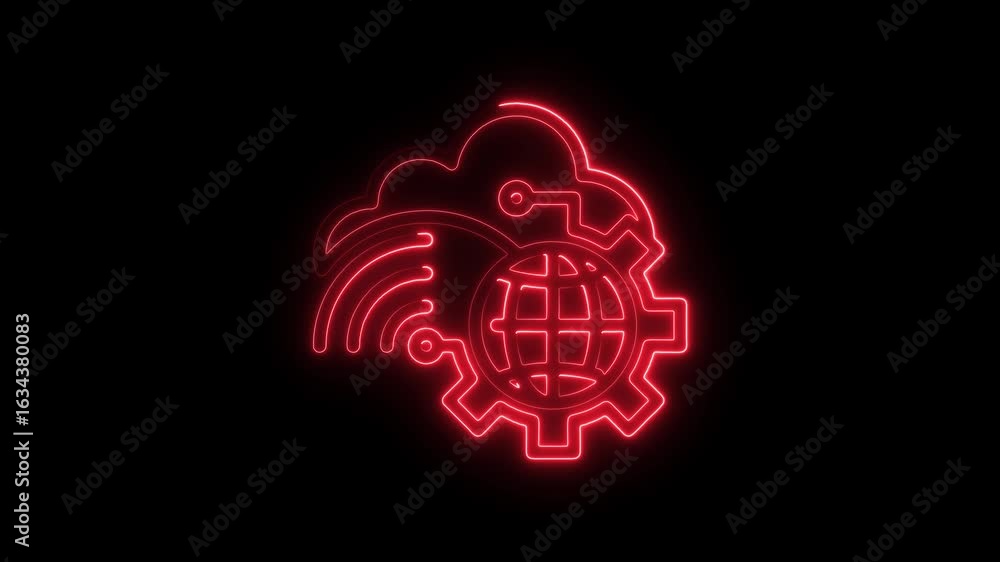 Poster glowing red neon cloud computing and global network icon on black background illustrating digital co