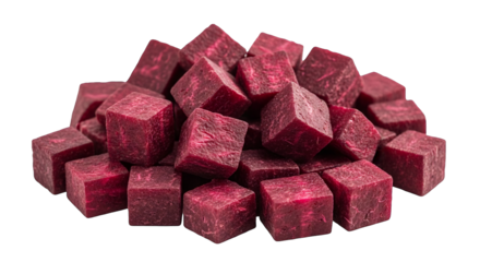 An abstract pile of cubed produce is shown against a black background, creating a studio shot.