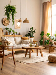 Warm Modern Biophilic Living Room with Cozy Textures, Natural Light, and Indoor Plants