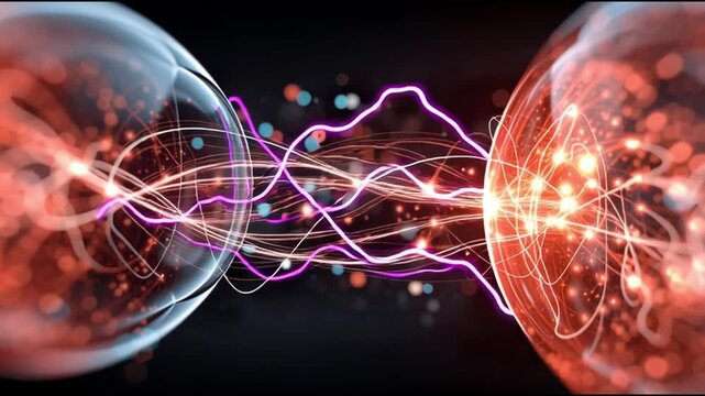 Quantum entanglement particles physics. Superposition research. Measurement science. Two entangled particles connected by energy strands.