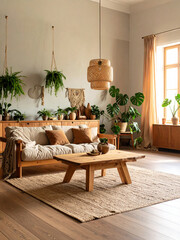 Warm Modern Biophilic Living Room with Cozy Textures, Natural Light, and Indoor Plants