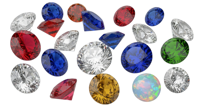 Assortment of faceted gemstones sparkles on a black background in a visually striking composition.